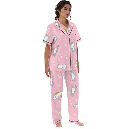 Kawaii Heaven Women's Pink Cat Print Pajamas Set with Elastic Waist & Black Contrast Piping