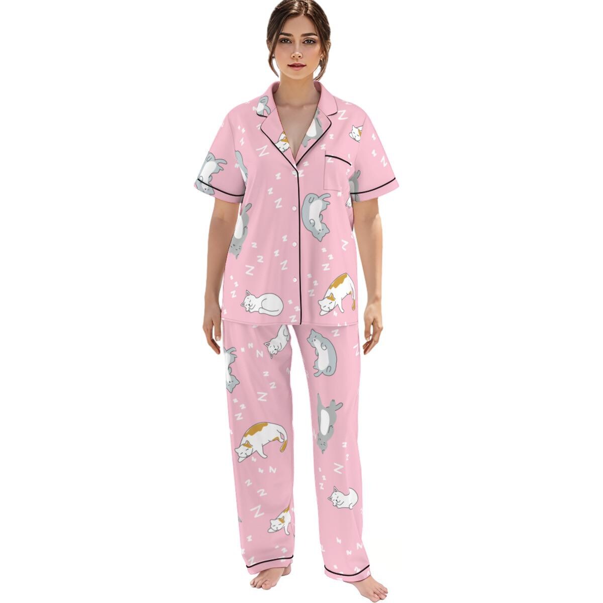 Kawaii Heaven Women's Pink Cat Print Pajamas Set with Elastic Waist & Black Contrast Piping