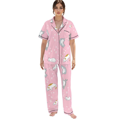 Kawaii Heaven Women's Pink Cat Print Pajamas Set with Elastic Waist & Black Contrast Piping