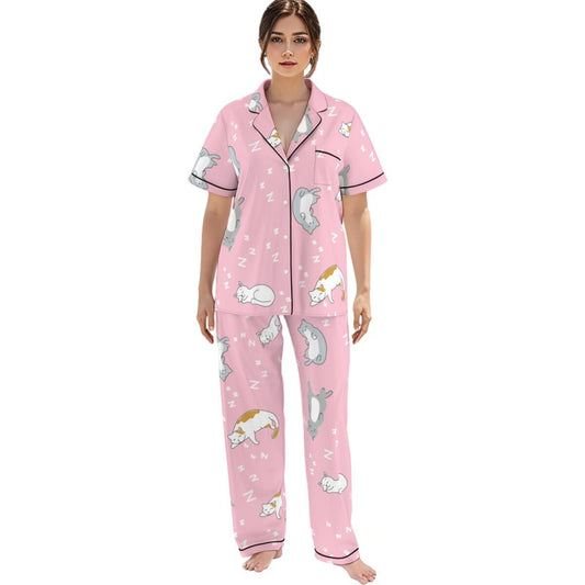 Kawaii Heaven Women's Pink Cat Print Pajamas Set with Elastic Waist & Black Contrast Piping
