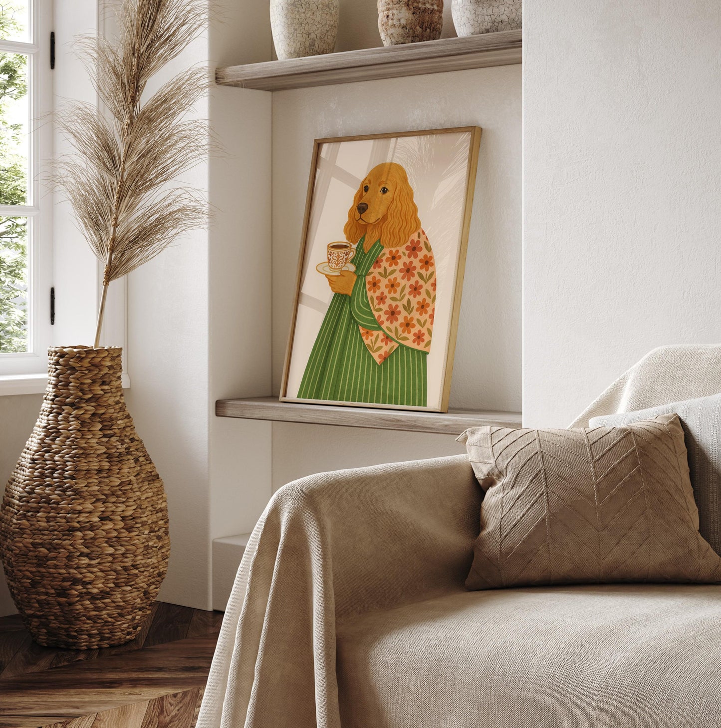 Cocker Spaniel print, Dog with coffee, Coffee wall art, Espresso art print, Floral pattern print, Beige neutral aesthetic poster, Dog art