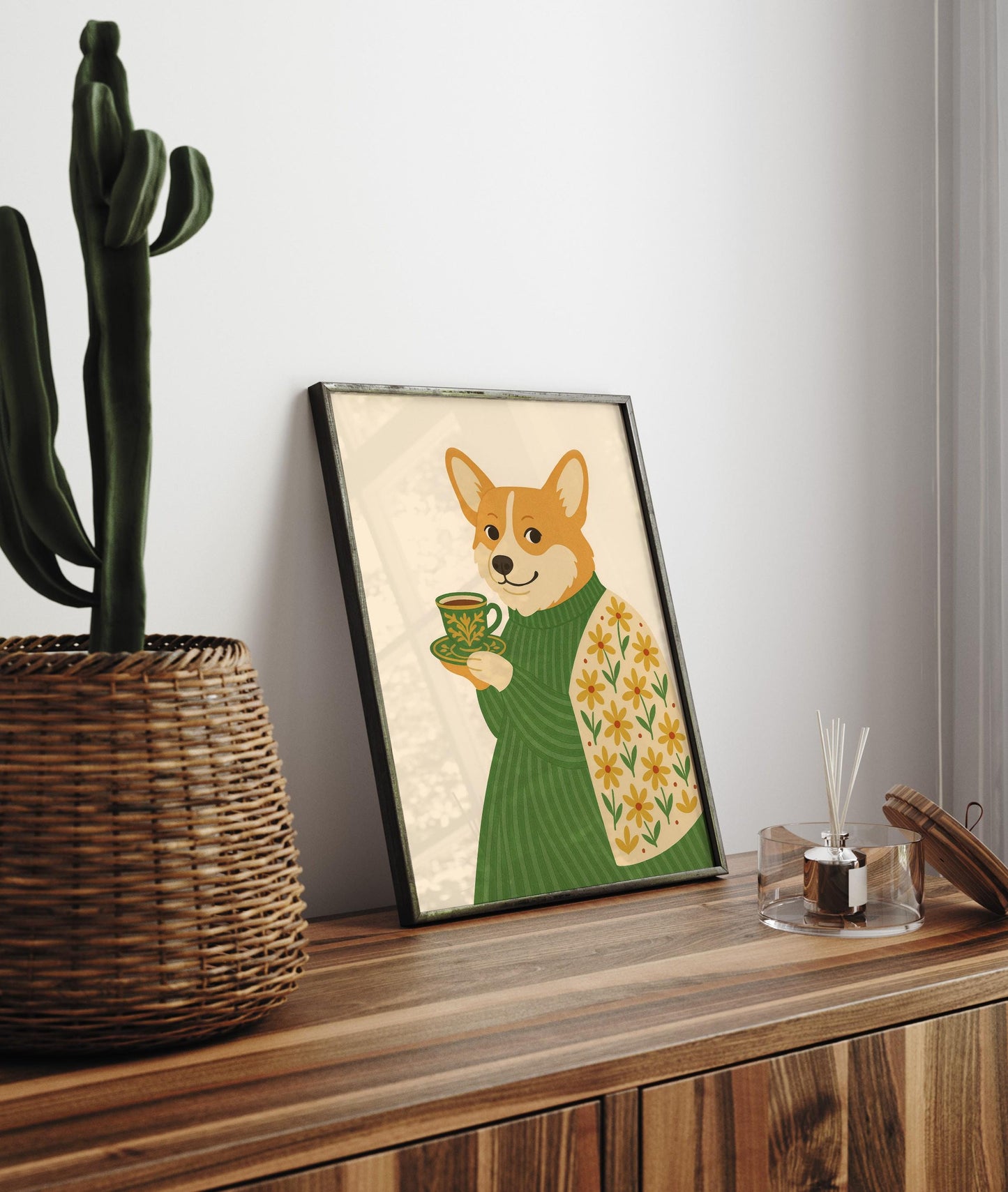 Corgi art print, Dog wall art, Dog with coffee, Coffee print, Espresso art print, Floral pattern print, Beige neutral aesthetic poster