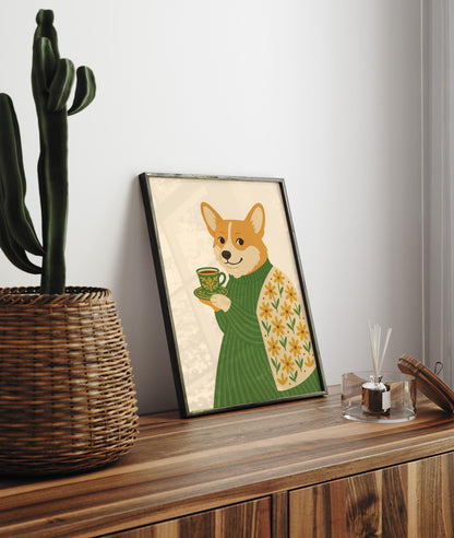 Corgi art print, Dog wall art, Dog with coffee, Coffee print, Espresso art print, Floral pattern print, Beige neutral aesthetic poster