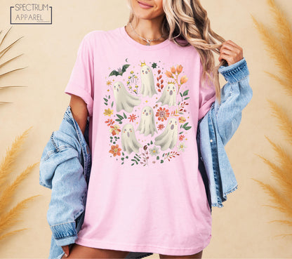 Cute Ghost Friends T-Shirt, Halloween Floral Ghost T-Shirt, Spooky Season Tee, Fall Witch Shirt, Pastel Halloween T-Shirt, Autumn Boo Shirt