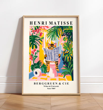 Tabby Cat on Toilet Art Print: Funny Matisse Style Bathroom Wall Art