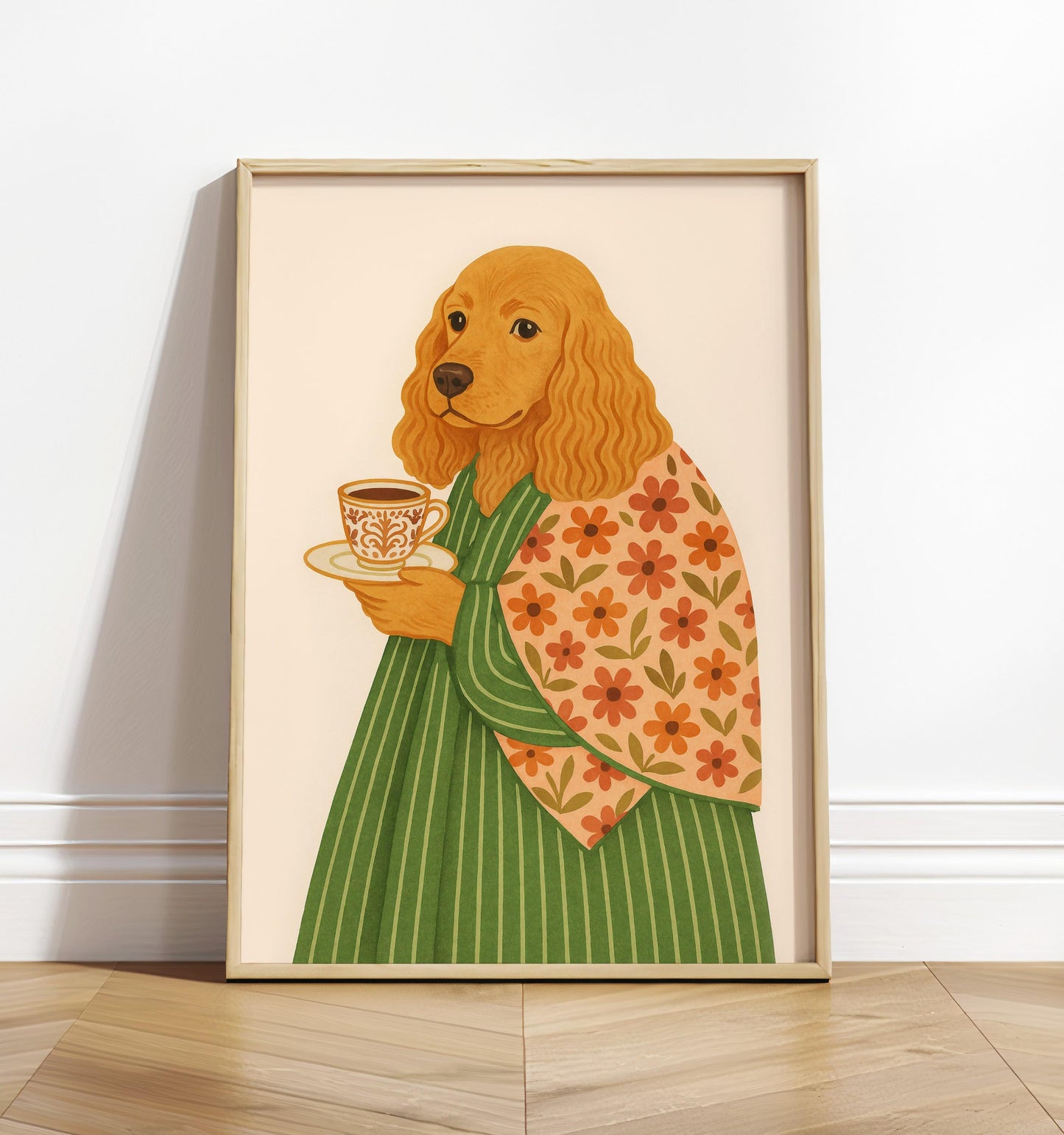 Cocker Spaniel print, Dog with coffee, Coffee wall art, Espresso art print, Floral pattern print, Beige neutral aesthetic poster, Dog art