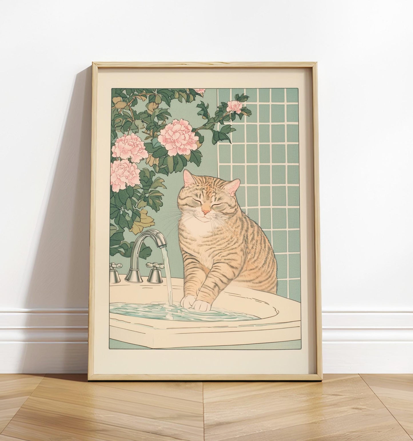 Tabby Cat Bathroom Print: Ukiyo-e Japanese Wall Art