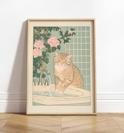Tabby Cat Bathroom Print: Ukiyo-e Japanese Wall Art