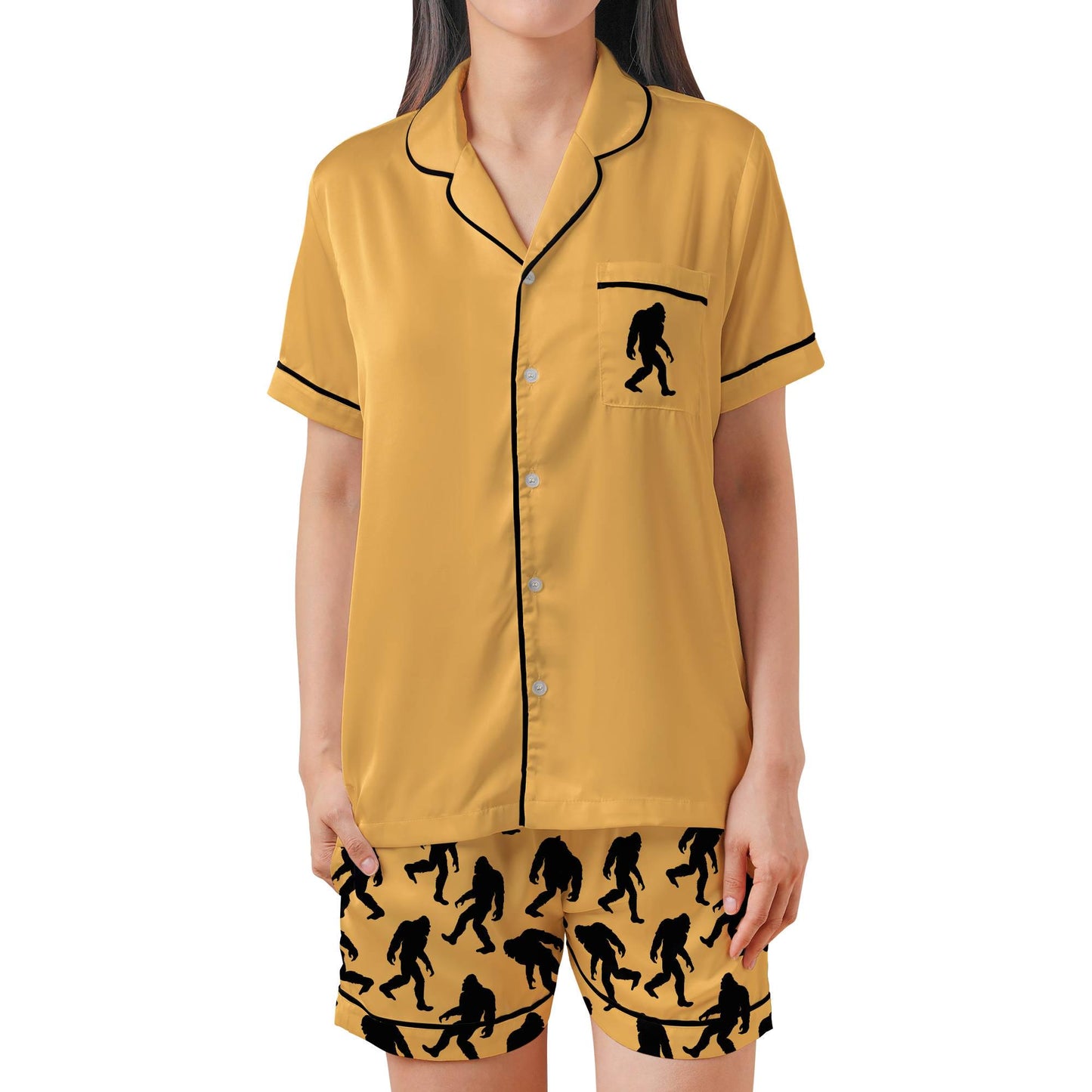 Bigfoot Pajama Set Short Sleeves, Sasquatch Woman's Satin Pajama Short Sleeve Shorts Big foot Gift
