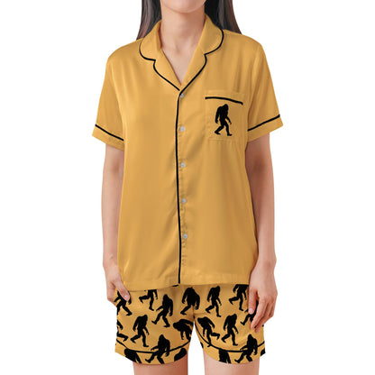 Bigfoot Pajama Set Short Sleeves, Sasquatch Woman's Satin Pajama Short Sleeve Shorts Big foot Gift