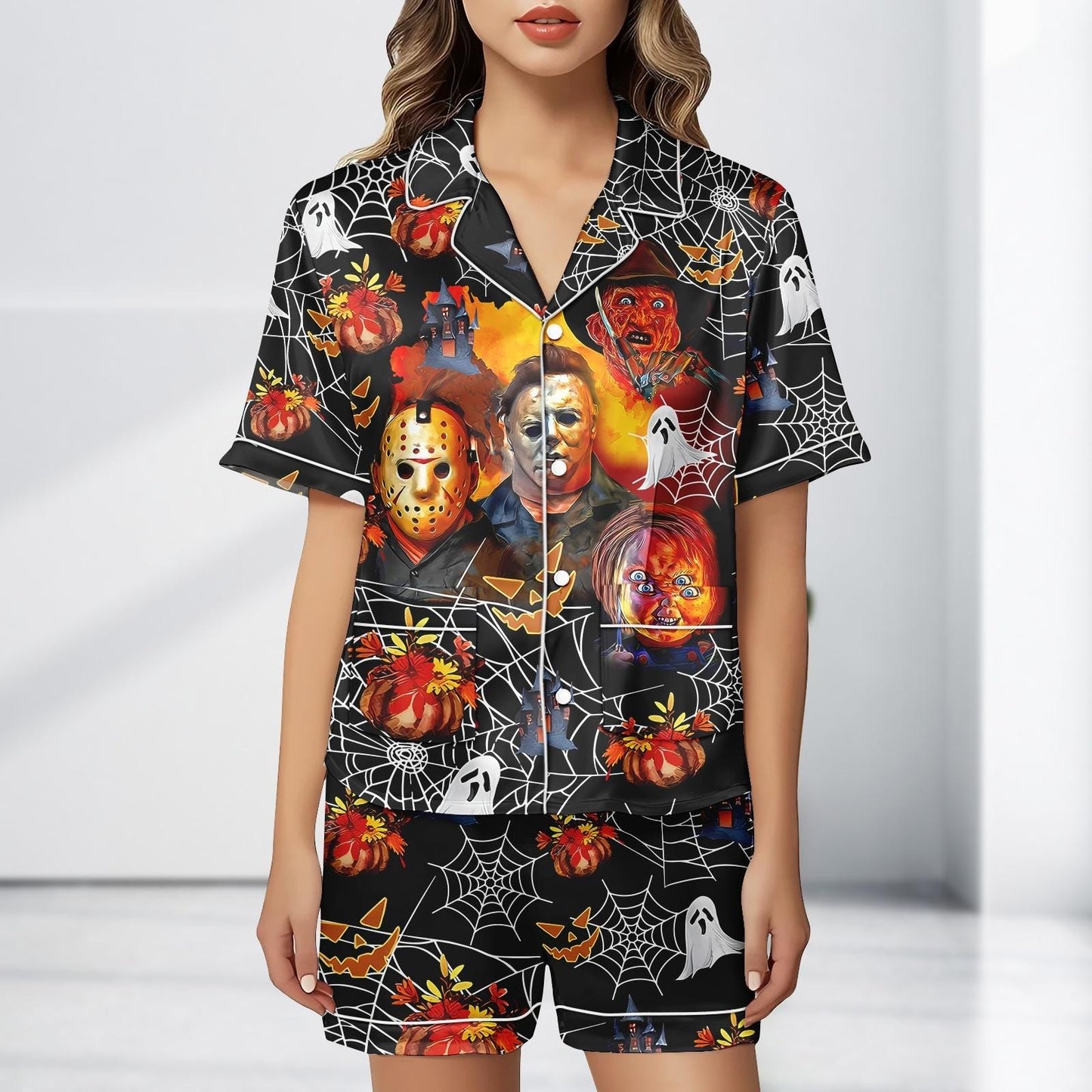 Horror Movie Satin Pajama Set, Michael Myers Freddy Krueger Chucky PJs, Halloween Sleepwear, Spooky Cute Gift