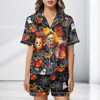 Horror Movie Satin Pajama Set, Michael Myers Freddy Krueger Chucky PJs, Halloween Sleepwear, Spooky Cute Gift