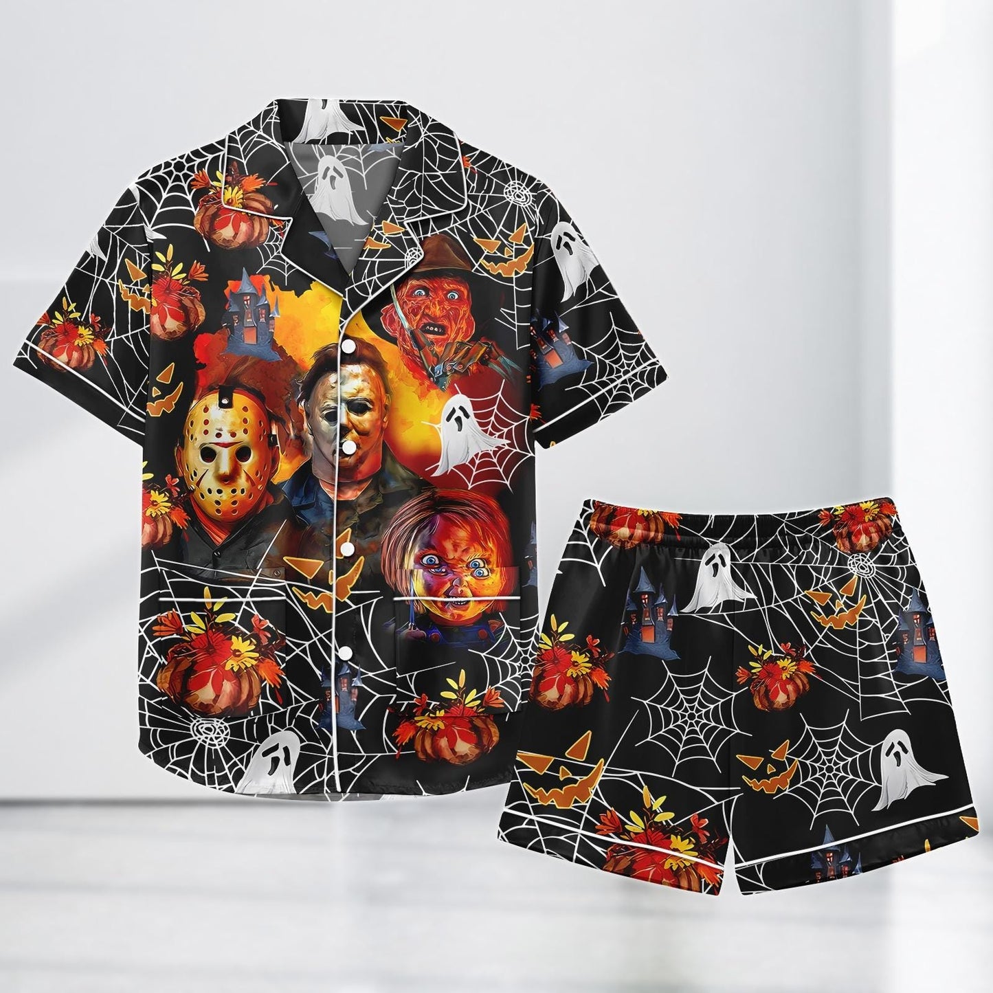 Horror Movie Satin Pajama Set, Michael Myers Freddy Krueger Chucky PJs, Halloween Sleepwear, Spooky Cute Gift
