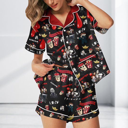 Let’s Watch Horror Movies Satin Pajama Set, Friends Scream Pjs, Halloween Sleepwear, Spooky Cute Horror Costume