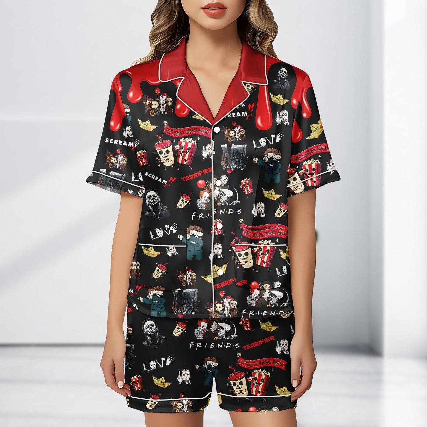 Let’s Watch Horror Movies Satin Pajama Set, Friends Scream Pjs, Halloween Sleepwear, Spooky Cute Horror Costume