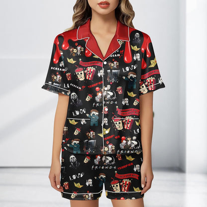 Let’s Watch Horror Movies Satin Pajama Set, Friends Scream Pjs, Halloween Sleepwear, Spooky Cute Horror Costume