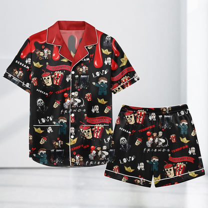 Let’s Watch Horror Movies Satin Pajama Set, Friends Scream Pjs, Halloween Sleepwear, Spooky Cute Horror Costume