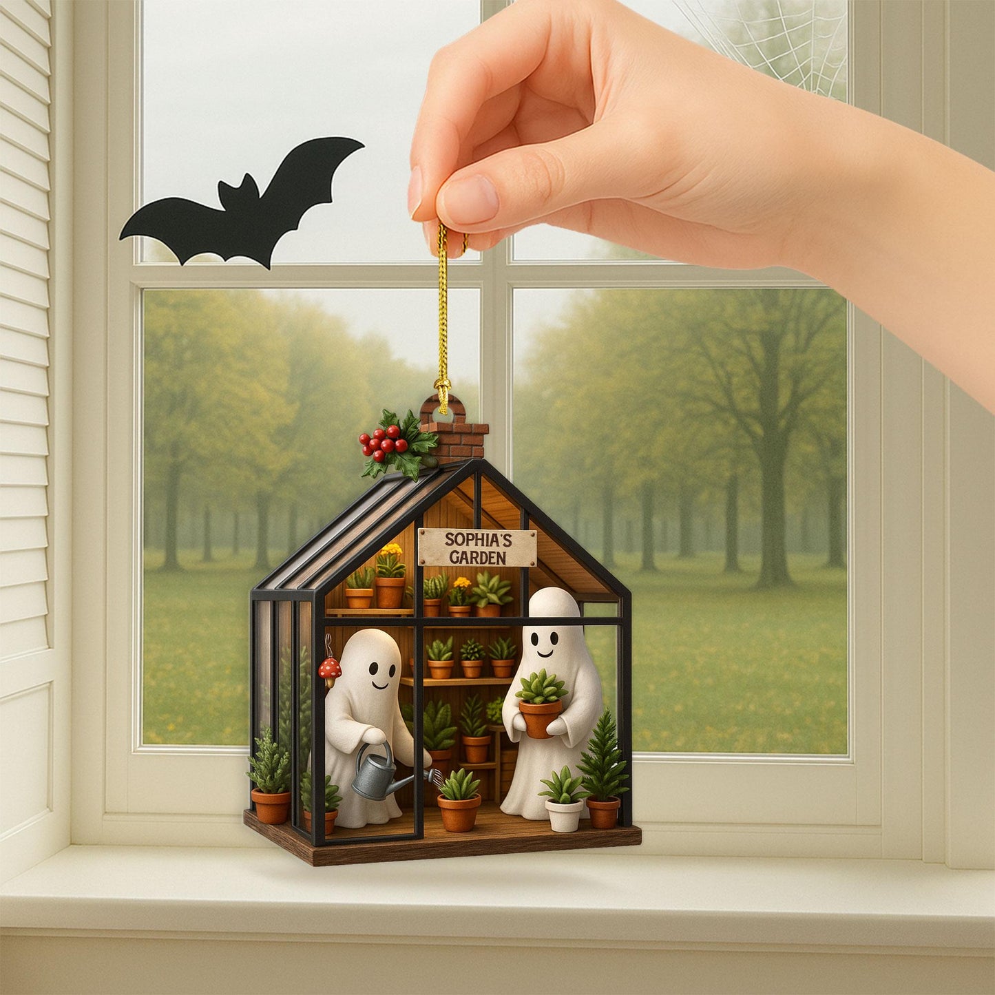 Personalized Ghost in Garden 2D FLAT Acrylic Ornament, Plant Lovers Halloween Gift, Halloween Ornament for Plantaholic, Greenhouse Ornament