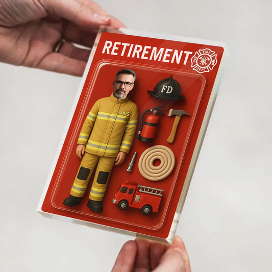 Personalized Firefighter Retirement Gift, Custom Photo Retired Action Figure Acrylic Block, Congratulation Fireman Retired Gifts For Husband
