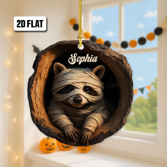 Personalized Raccoon 2D Flat Ornament, Raccoon Rearview Mirror Car Accessories, Raccoon Halloween Ornament, Holiday Gift for Raccoon Lover