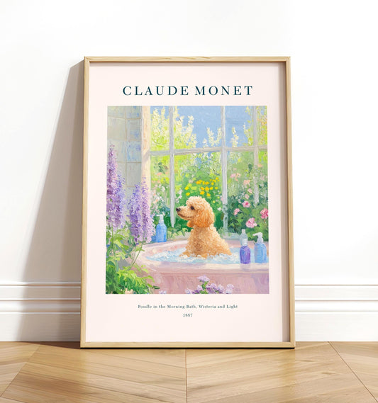 Poodle in Bathtub Art Print: French Cottage Bathroom Decor