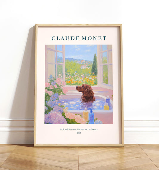 Cocker Spaniel in Bathtub Art Print: Monet Style Cottagecore Decor