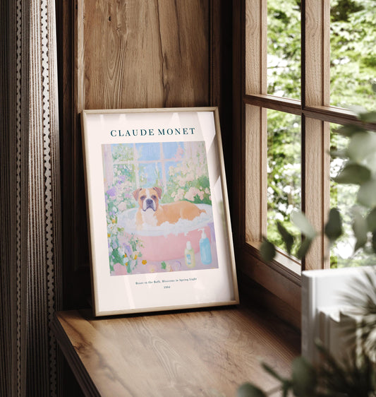 Boxer Dog in Bathtub Art Print: French Cottagecore Decor