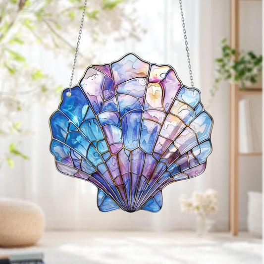 Mermaid Seashell Window Hanging, Iridescent Pastel Ocean Suncatcher, Stained Glass Style Coastal Decor, Nautical Summer Gift Idea