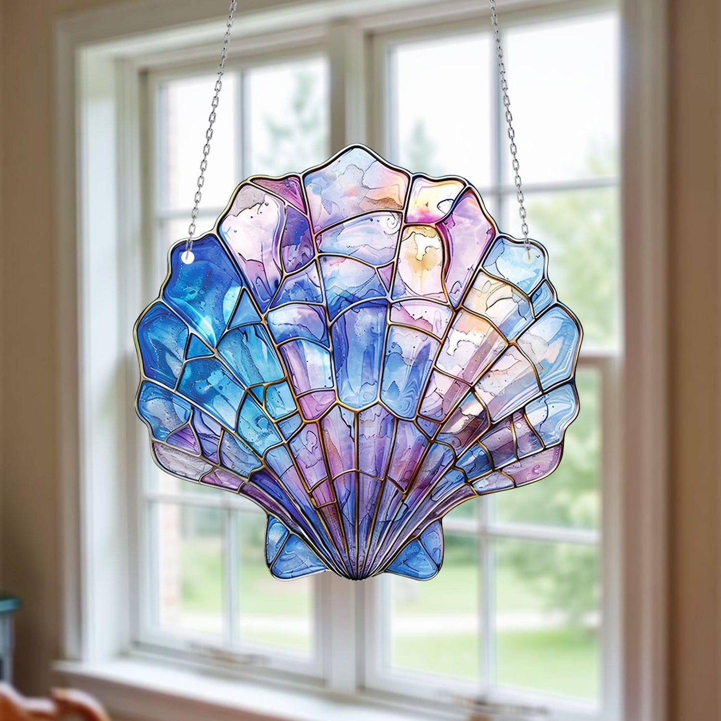 Mermaid Seashell Window Hanging, Iridescent Pastel Ocean Suncatcher, Stained Glass Style Coastal Decor, Nautical Summer Gift Idea