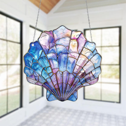 Mermaid Seashell Window Hanging, Iridescent Pastel Ocean Suncatcher, Stained Glass Style Coastal Decor, Nautical Summer Gift Idea