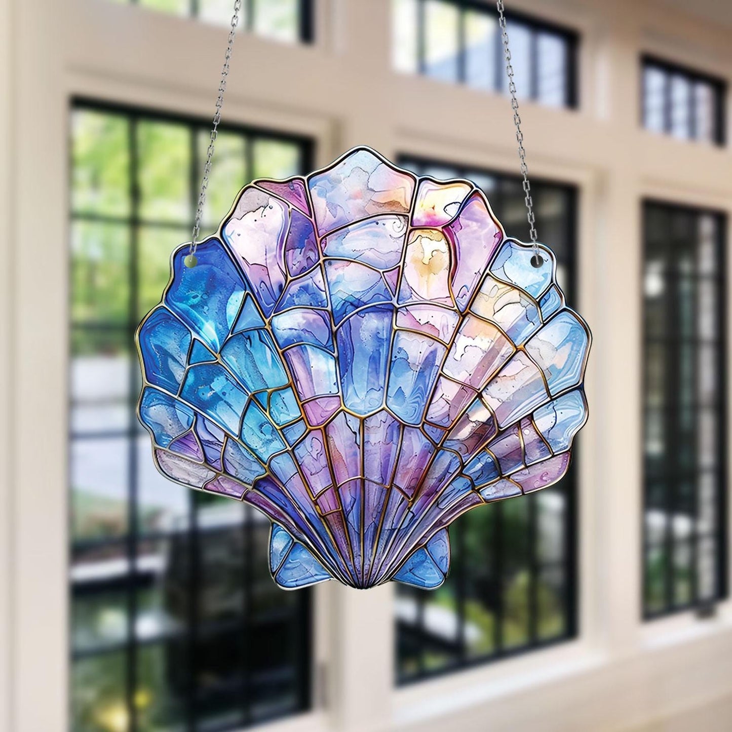 Mermaid Seashell Window Hanging, Iridescent Pastel Ocean Suncatcher, Stained Glass Style Coastal Decor, Nautical Summer Gift Idea