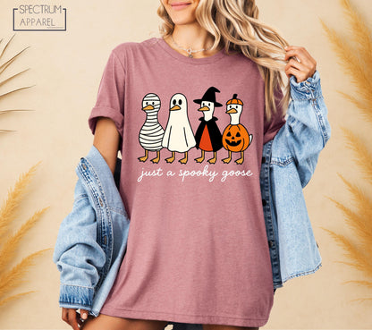 Just A Spooky Goose T-Shirt, Spooky Goose Tee, Funny Halloween Goose in Costumes Shirt, Pumpkin Witch Mummy Ghost Shirt, Cute Fall Humor Top