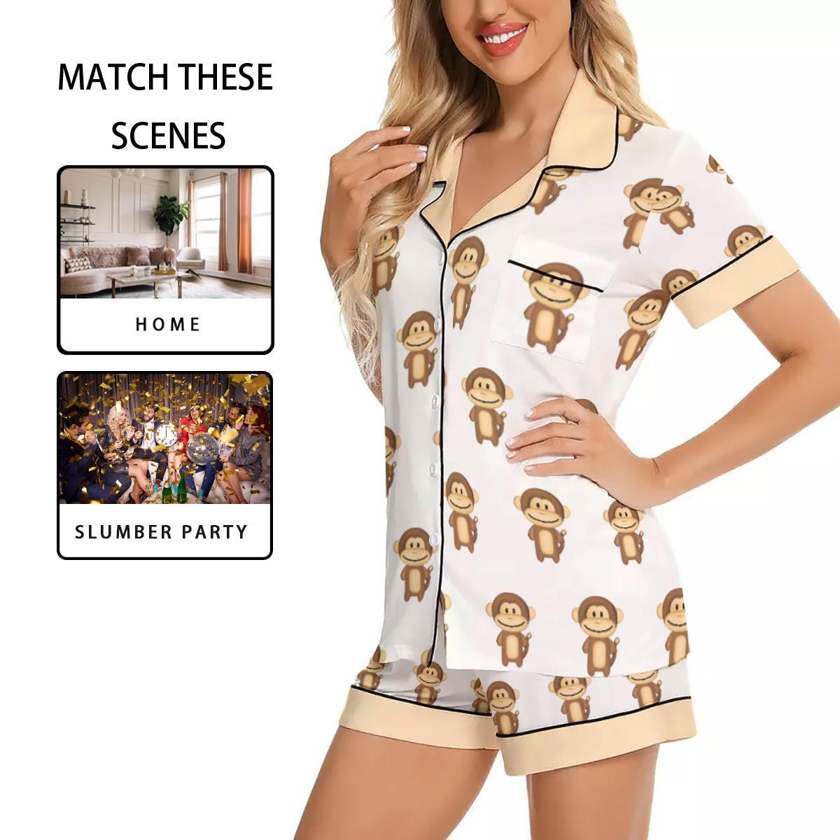 Kawaii Heaven Women's Short Sleeve Monkey Print Pajama Set in Imitation Silk