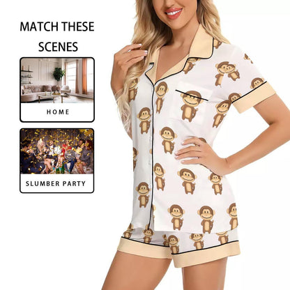 Kawaii Heaven Women's Short Sleeve Monkey Print Pajama Set in Imitation Silk
