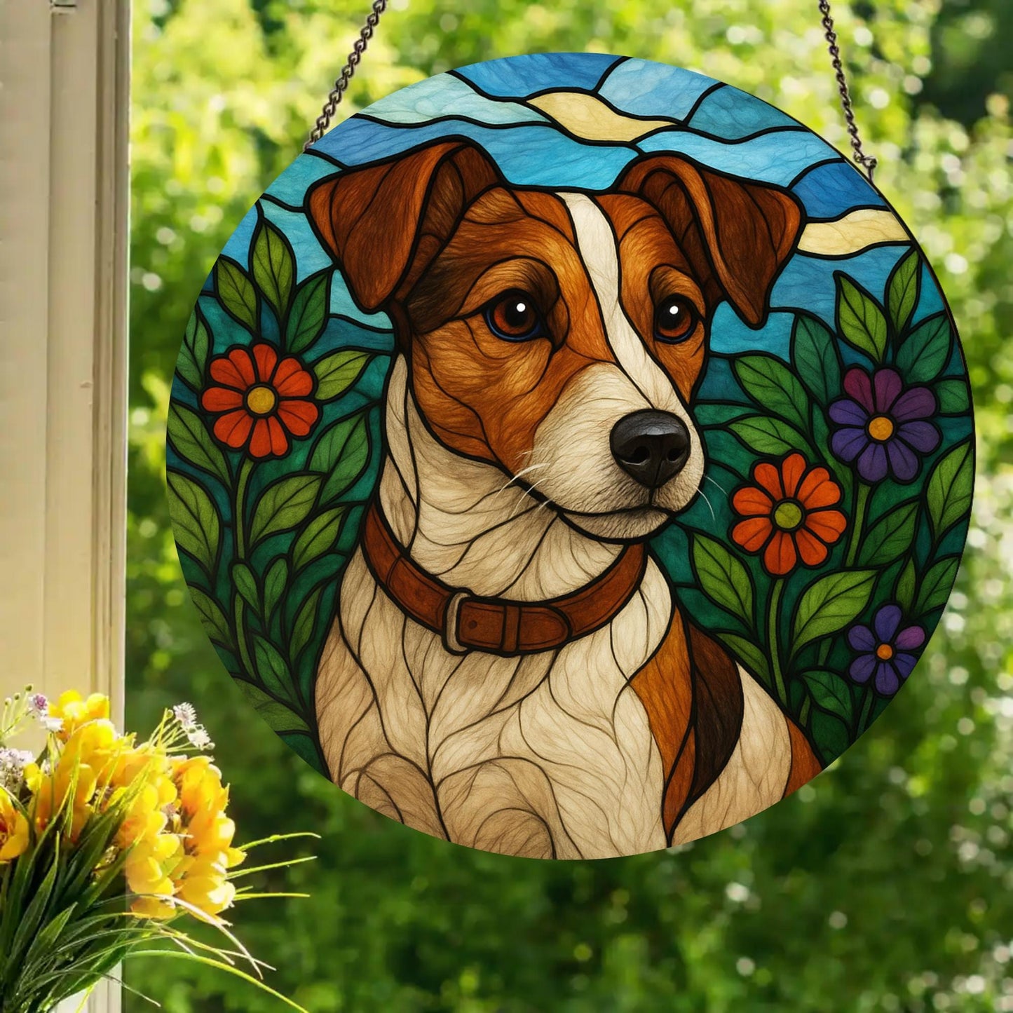 Jack Russell Terrier: Stained Glass Style Window Hanging Made With Real Glass