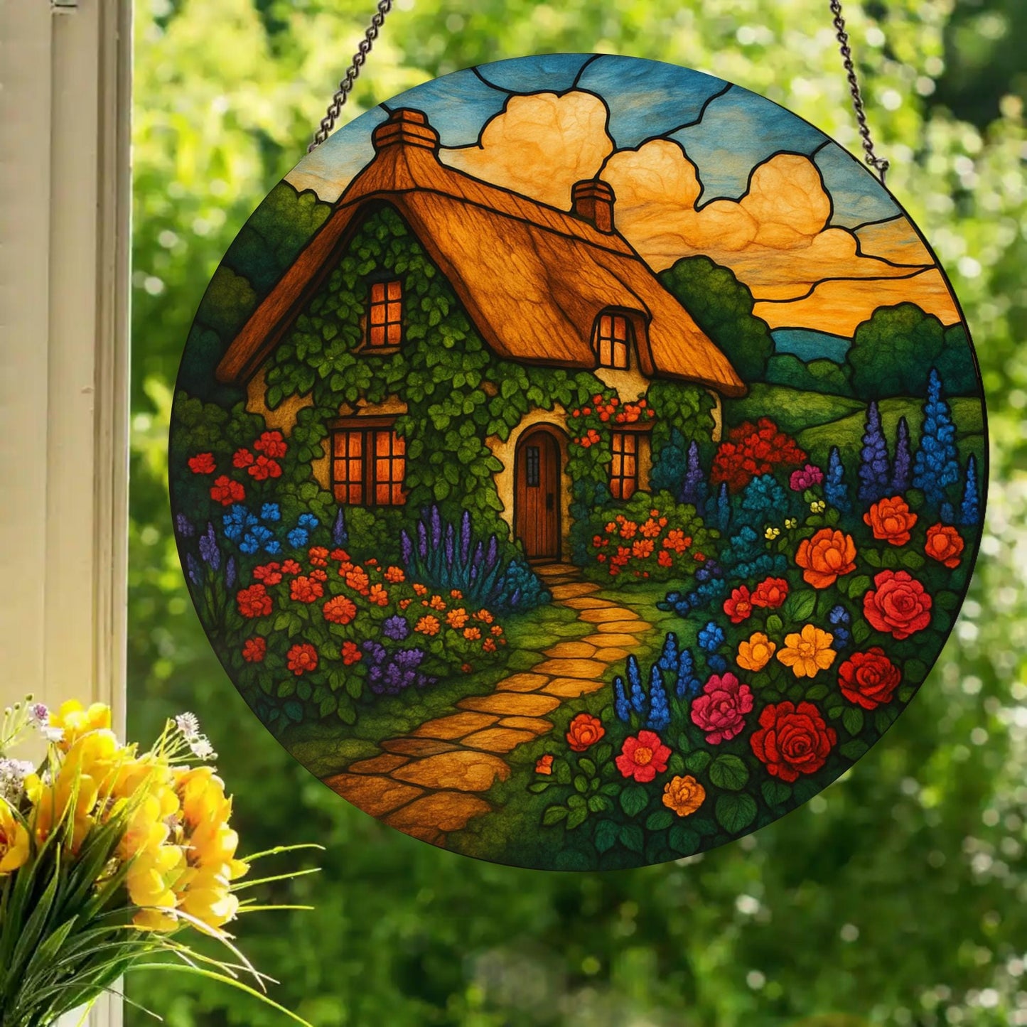 English Country Cottage: Stained Glass Style Window Hanging