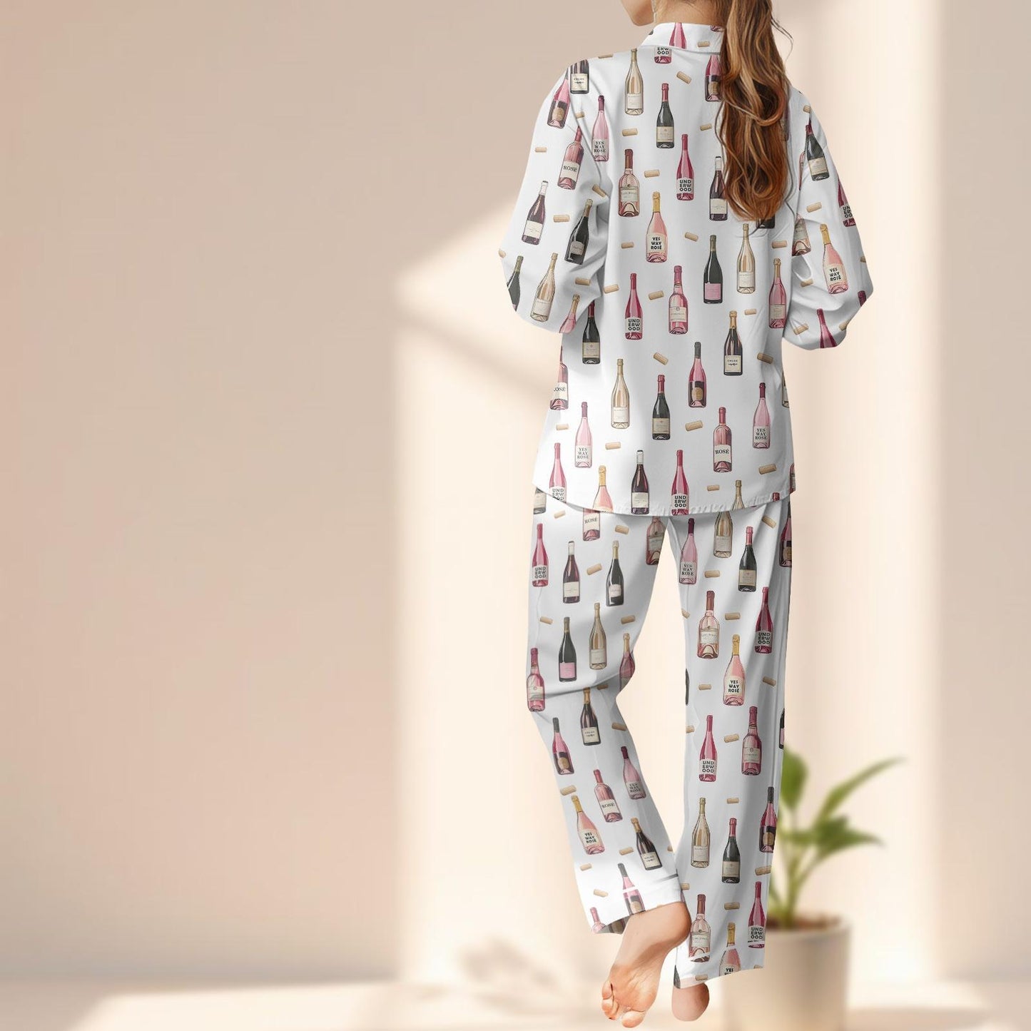 Wine Bottle Satin Pajama Set, Funny Champagne Women Pajamas, Long Sleeve Loungewear, Wine Lover Sleepwear, Birthday Gift For Her