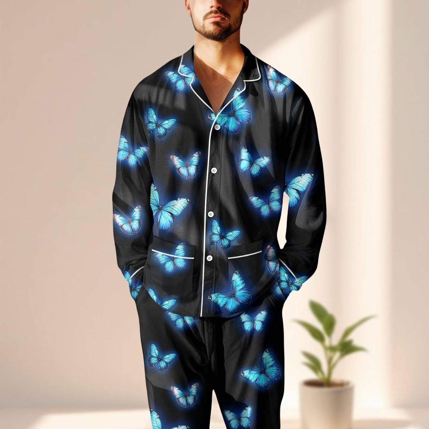 Blue Butterfly Satin Pajama Set, Glowing Insect Print Sleepwear, Aesthetic Black Loungewear, Cute Nightwear Set, Cozy Gift For Her