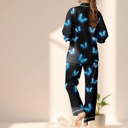 Blue Butterfly Satin Pajama Set, Glowing Insect Print Sleepwear, Aesthetic Black Loungewear, Cute Nightwear Set, Cozy Gift For Her