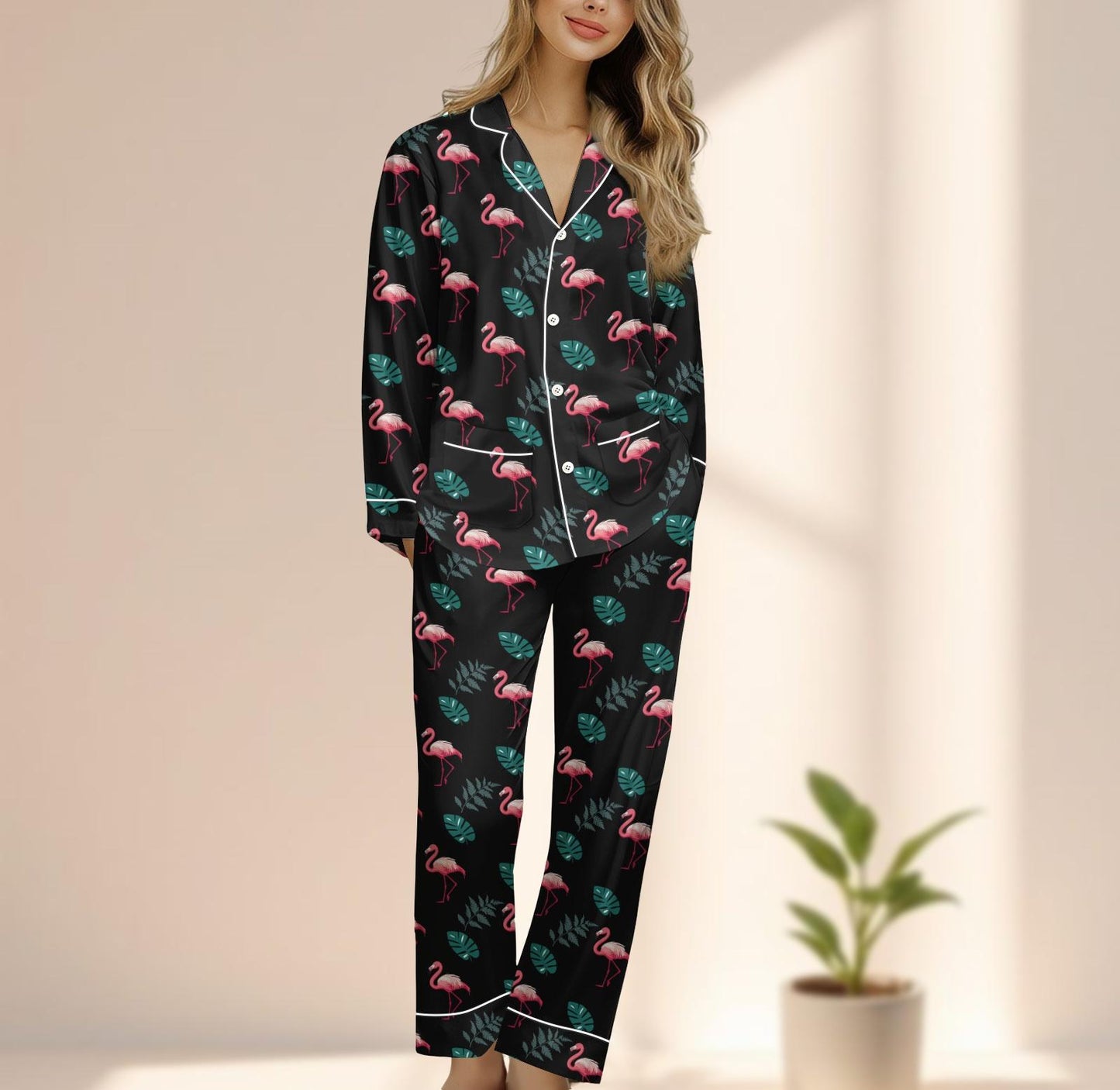 Flamingo Satin Pajama Set, Tropical Black Sleepwear, Cute Long Sleeve Loungewear, Summer Women Matching Pajamas Set, Gift For Her