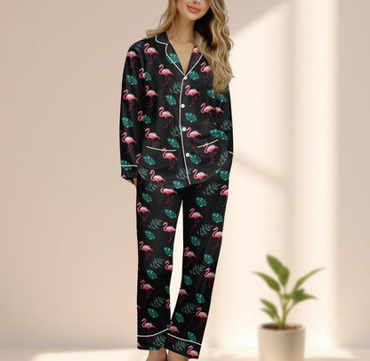 Flamingo Satin Pajama Set, Tropical Black Sleepwear, Cute Long Sleeve Loungewear, Summer Women Matching Pajamas Set, Gift For Her