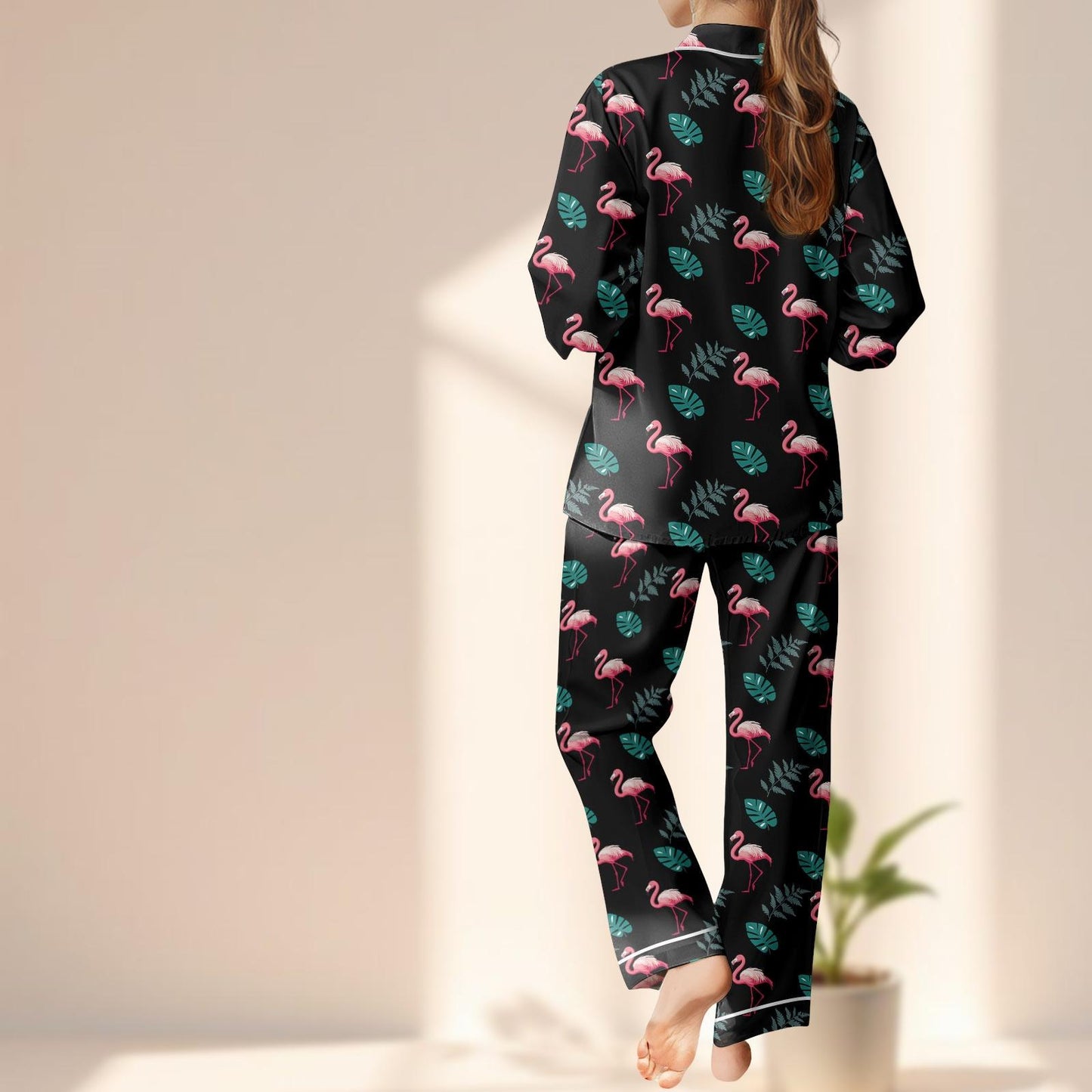 Flamingo Satin Pajama Set, Tropical Black Sleepwear, Cute Long Sleeve Loungewear, Summer Women Matching Pajamas Set, Gift For Her