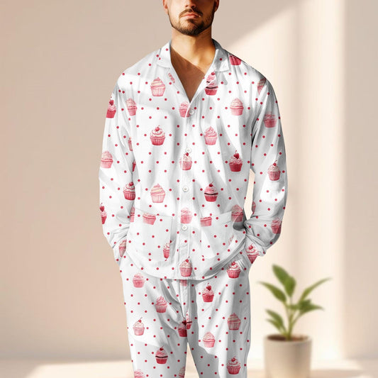 Cute Cupcake Satin Pajama Set, Pink Polka Dot Long Sleeve Sleepwear, Kawaii Dessert Print Loungewear, Matching Pjs, Cozy Gift For Her