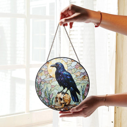 Raven on Skull Gothic Stained Glass Window Sun Catcher for Halloween or Friend Gift