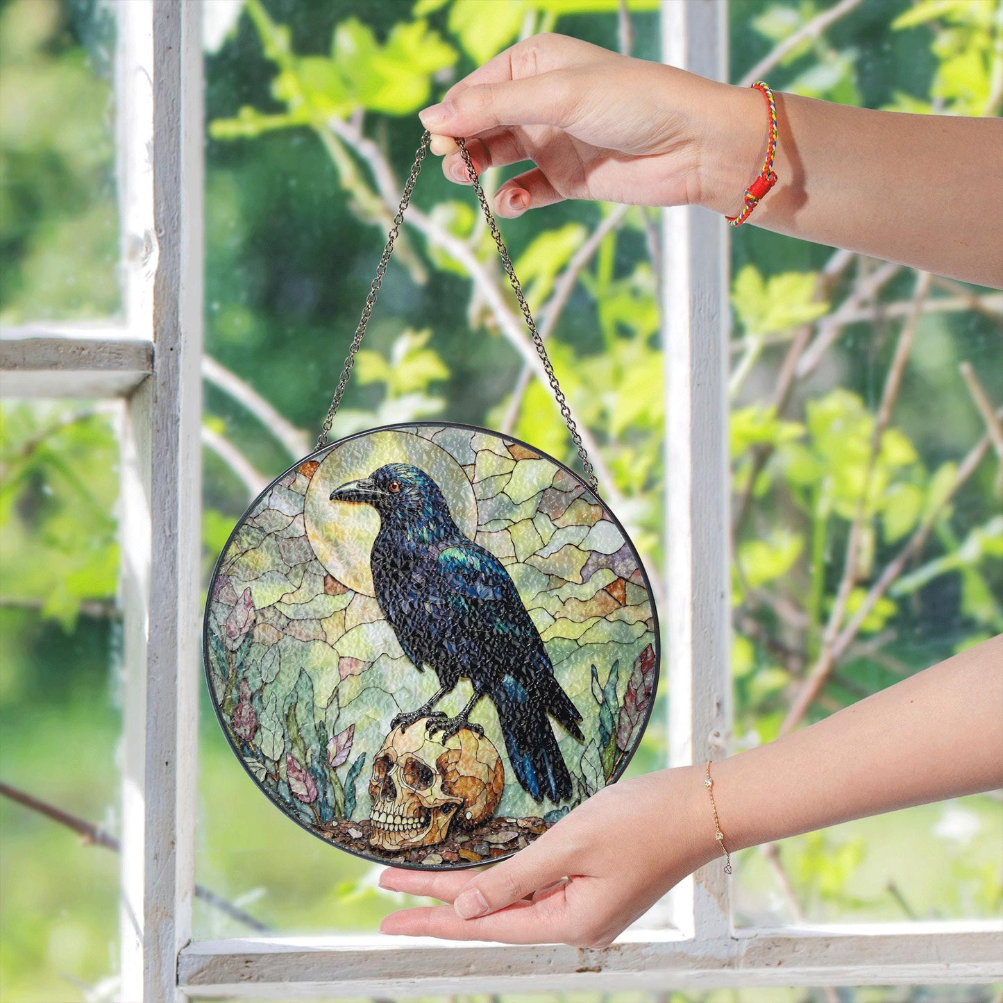 Raven on Skull Gothic Stained Glass Window Sun Catcher for Halloween or Friend Gift