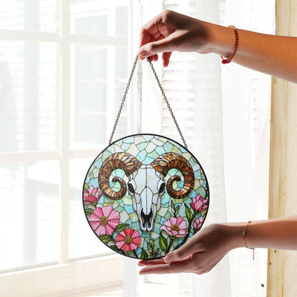 ram skull with wildflowers stained glass suncatcher rustic decor gift for nature lovers