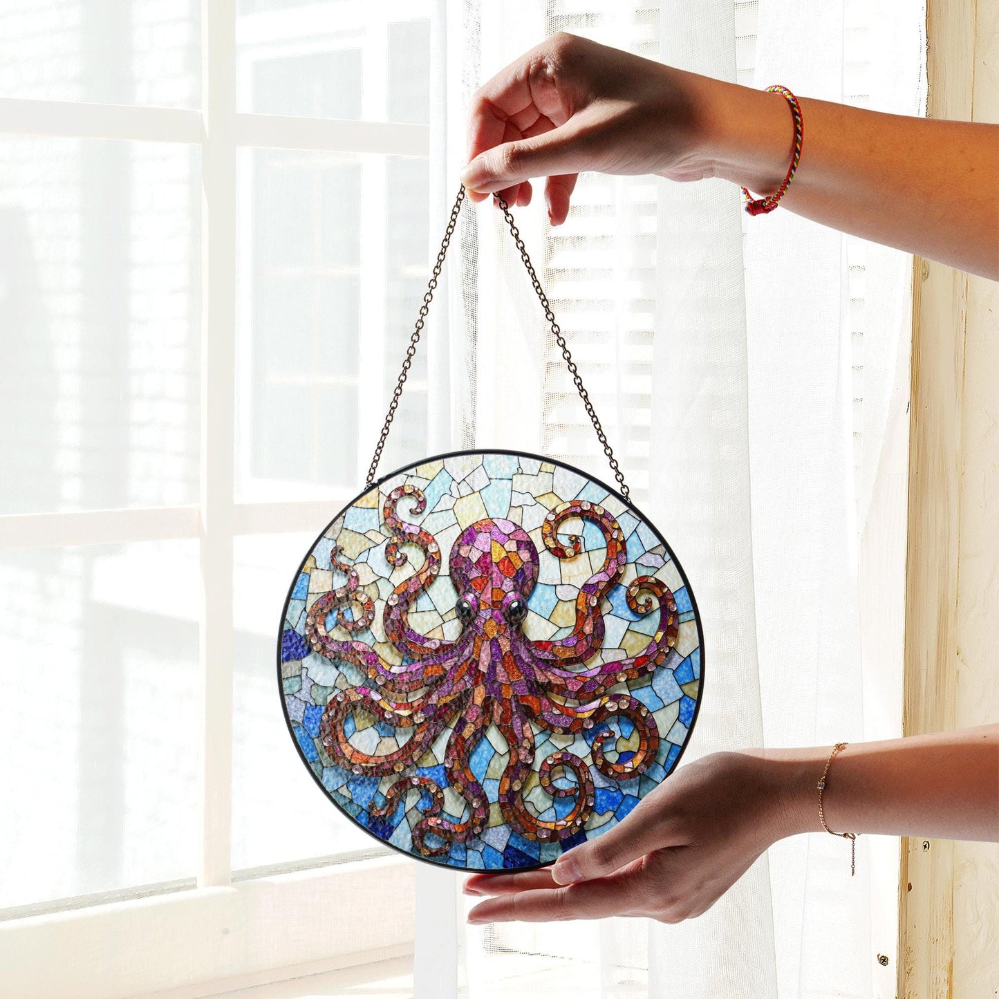 Vibrant octopus mosaic glass suncatcher undersea animal decor gift for ocean lovers