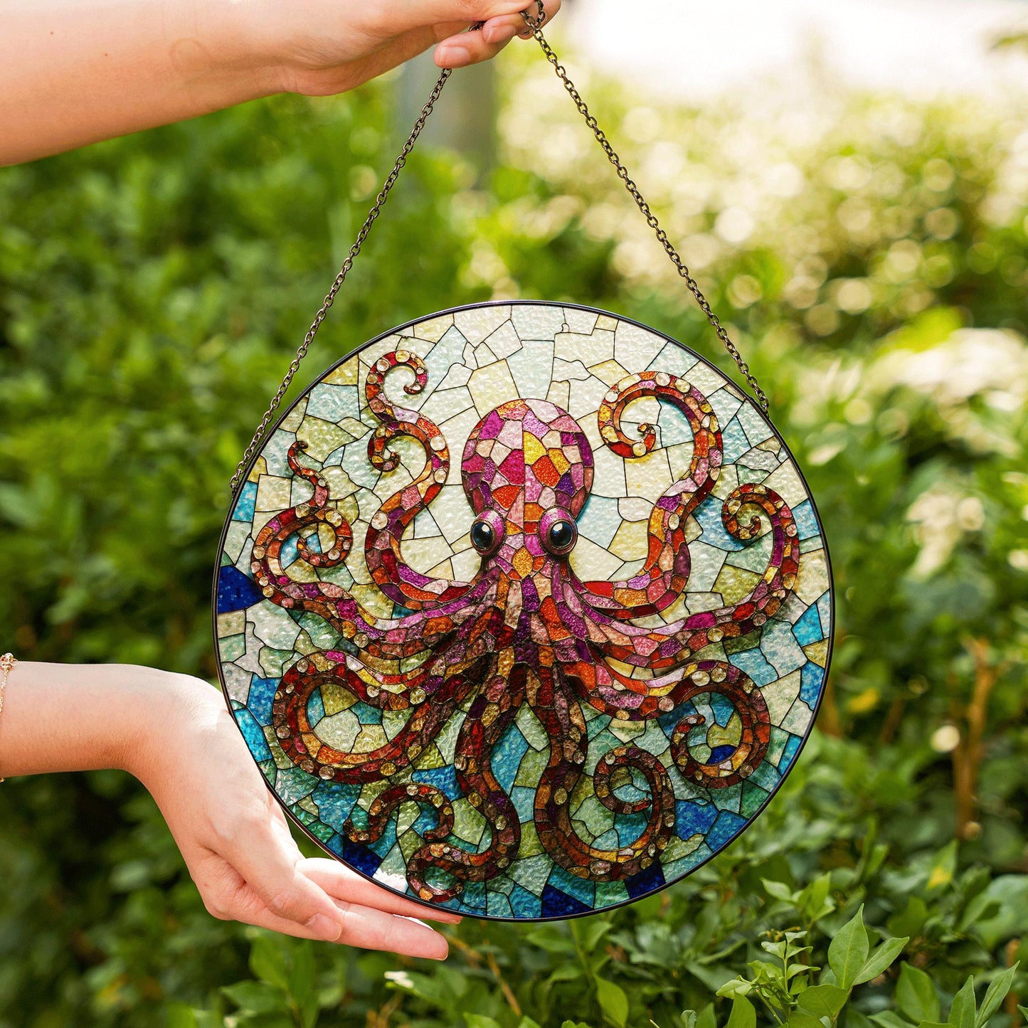 Vibrant octopus mosaic glass suncatcher undersea animal decor gift for ocean lovers