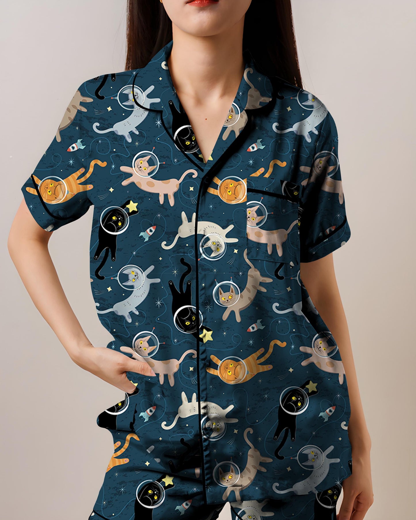 Seamless Space Cats Pajamas, AOP Satin Short-Sleeve Sleepwear, Funny Cat Galaxy PJs, Cute Cosmic Loungewear Set