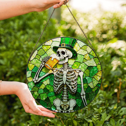 skeleton holding beer stained glass suncatcher for window gift for beer lover friend